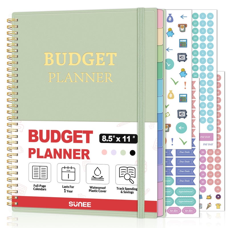 SUNEE Budget Planner - Monthly Budget Book with Expense Tracker Notebook, A4(8.5"" x 11"") Undated 12 Month Bill Organizer & Finance Planner to Manage Your Money, Account Book with Colorful Tab, Green - Image 1